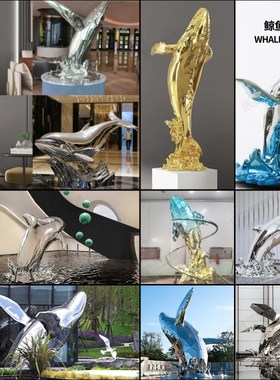 不锈钢鲸鱼海豚浪花雕塑定制售楼部广场酒店大堂室内动物装饰摆件