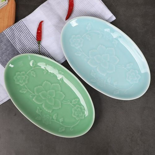 龙泉青瓷盘子大号陶瓷鱼盘家用缠枝牡丹11英寸椭圆鱼盘蒸鱼碟寿司