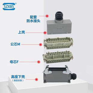 重载连接器24芯对接高座矩形航空插头24芯双侧表面安装HE-024-M/F