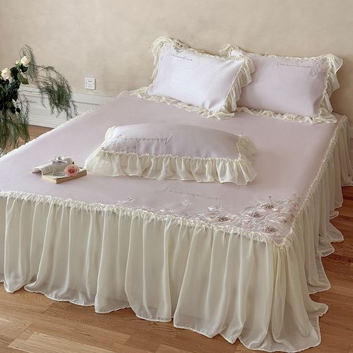 少女心夏季凉感冰丝凉席三件套可水洗花卉刺绣床裙款1.5m空调软席