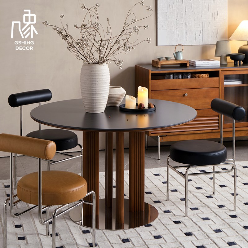 几象复古中古简约圆形餐桌实木现代家用小户型岩板1M设计师款圆桌