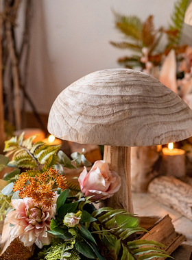 木质蘑菇摆件侘寂风创意落地艺术品复古民宿花园庭院造景软装摆设