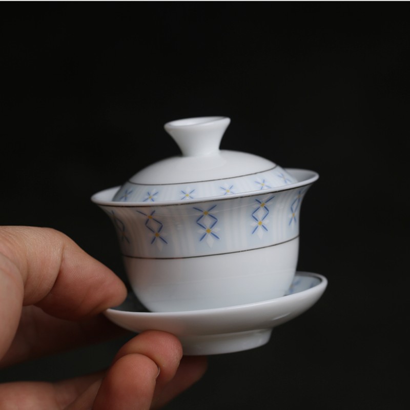 潮汕老式复古麦穗花盖碗三才碗小号三杯高温陶瓷功夫茶具配件三件