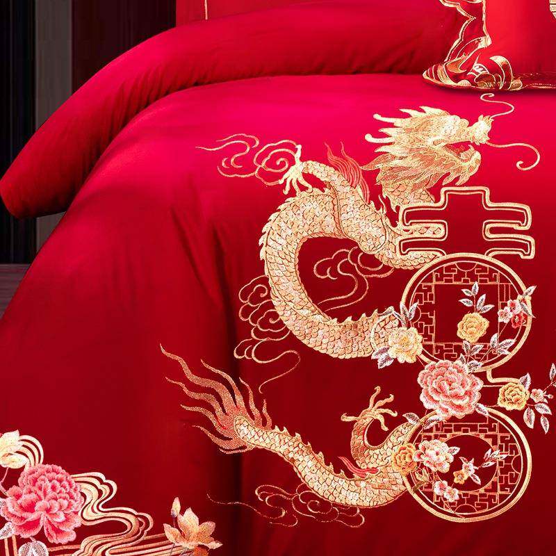 装九喜狐婚庆家纺房长绒棉刺布绣新H2149房置婚修套件床上用品龙