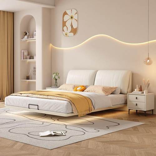 悬大象耳实木床朵浮床实木床高端奶油床风床主双卧人现代软包大床