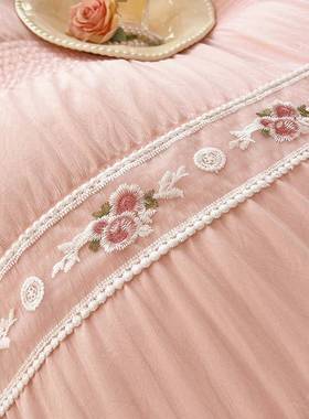 SMO韩版刺绣被泡泡纱四件套风花棉边公主水洗套床裙款单双人床上