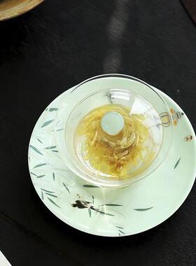宜意室茶话创璃三才盖qyscgw碗单绿色透明泡茶碗陶瓷底托个盖碗玻