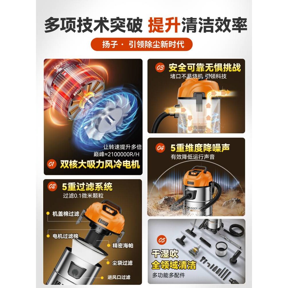 扬子工业吸尘器家用大吸力车用大功率保洁地毯装修美缝专用吸尘机