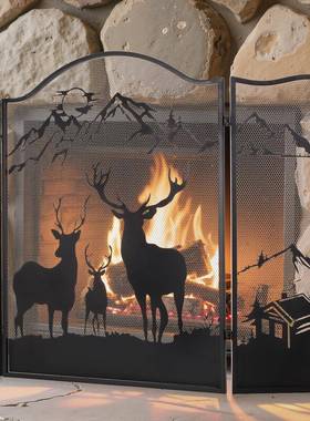 黑色雪山麋鹿装饰叠铁艺折屏风壁，室内客厅炉297安断全隔屏风