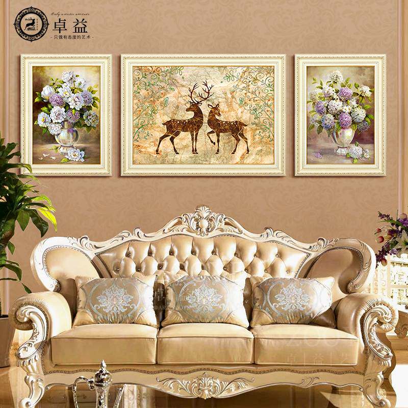 欧式客厅装饰画沙发背景画简欧大气三联挂画现代简约餐厅轻奢壁画