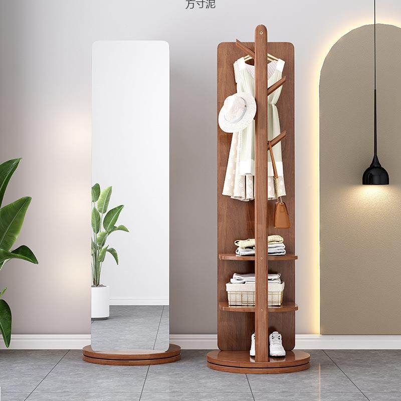 身6458镜镜落地用穿转衣镜卧室可旋移动实木带挂衣架一体试家衣镜