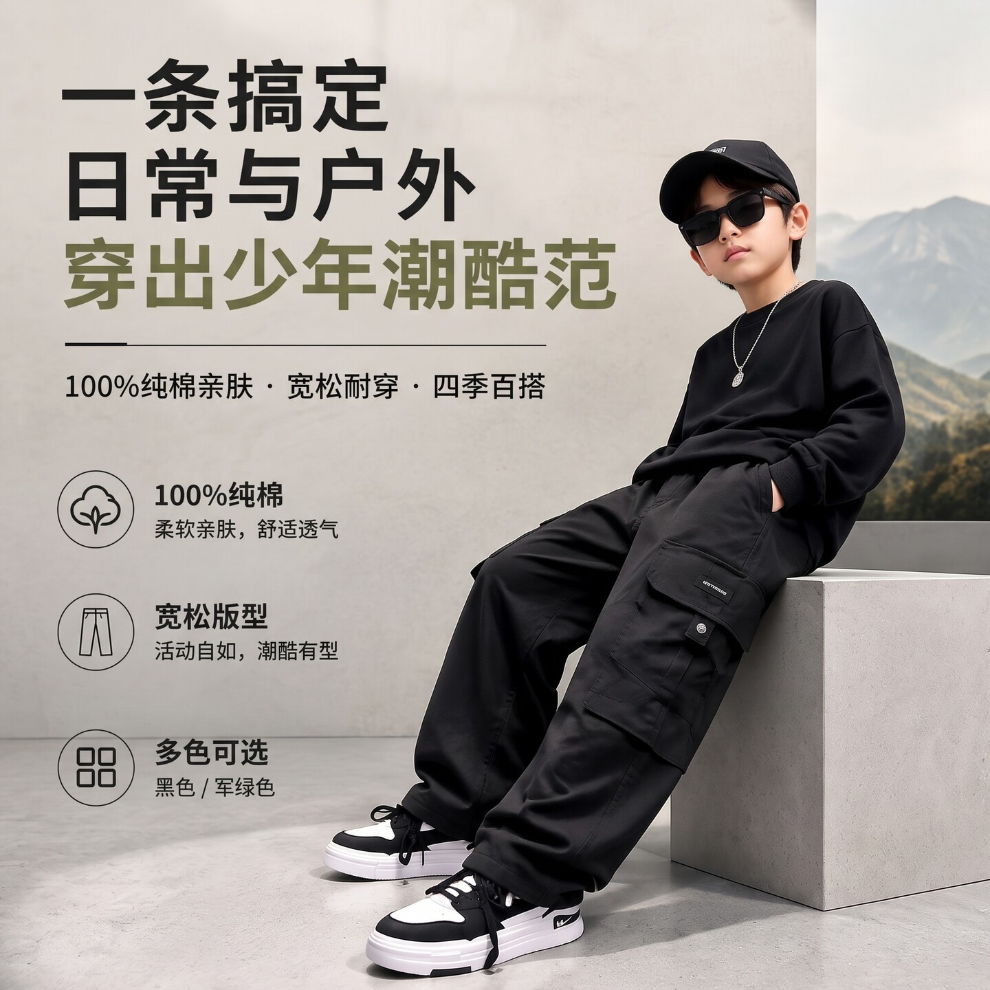 男童工装裤2026新款中大童春秋纯棉直筒裤儿童宽松休闲运动长裤子