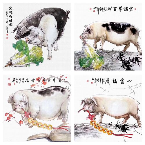 招财吉祥生肖猪国画装饰画客厅室内挂画民族风动物宠物壁画布画