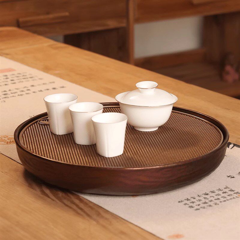 2024新款家用圆形储水茶盘不锈钢面板电木底沥水茶托盘干泡茶台