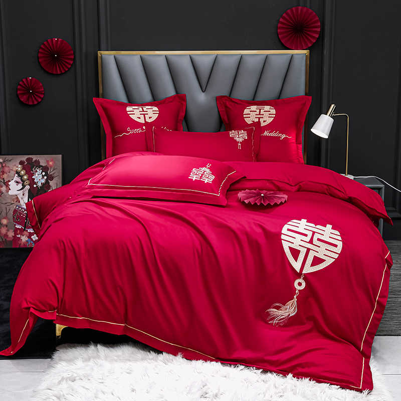 高档结婚四件大红全棉简约刺绣中式新房婚庆床上用品喜被床单笠