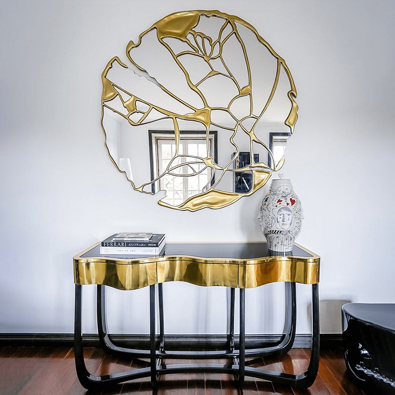 现代简约纯黄铜装饰镜客厅走廊墙面挂镜圆形设计师Boc do Lobo