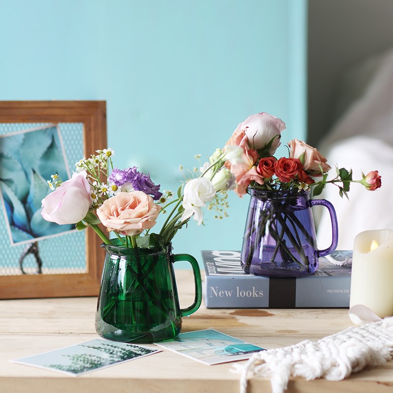 紫色把手玻璃花瓶客厅欧式水培植物现代简约家居客厅餐厅装饰摆件