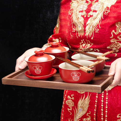 喜碗中式婚礼敬茶杯一对宫廷风结婚改口喜杯套装米奇红色盖碗茶具