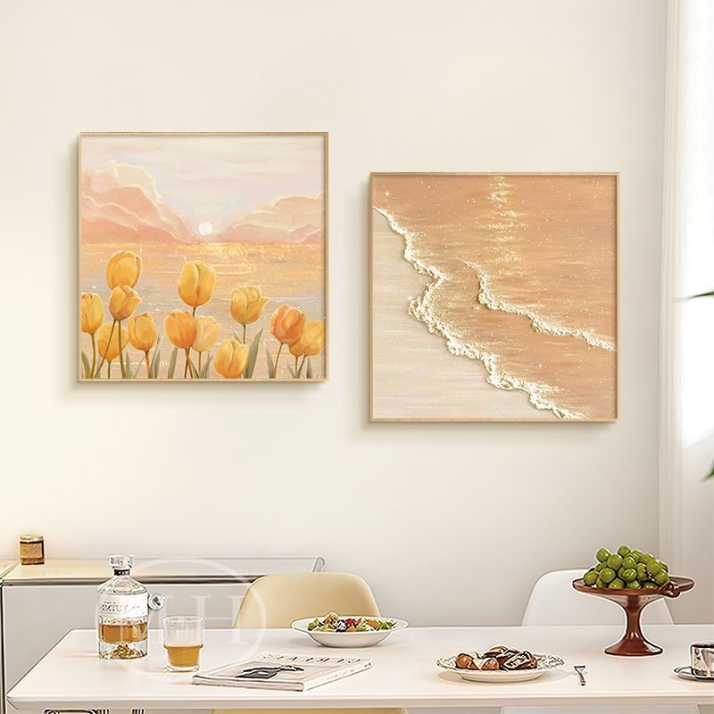 奶油风餐厅装饰画正方形郁金香风景挂画原木风饭厅餐桌背景墙壁画