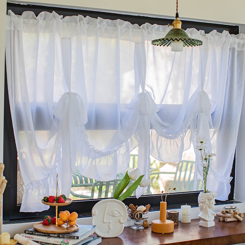 韩式白色雪纺公主风提拉帘飘窗阳台隔断纱帘朦胧半透遮挡装饰帘
