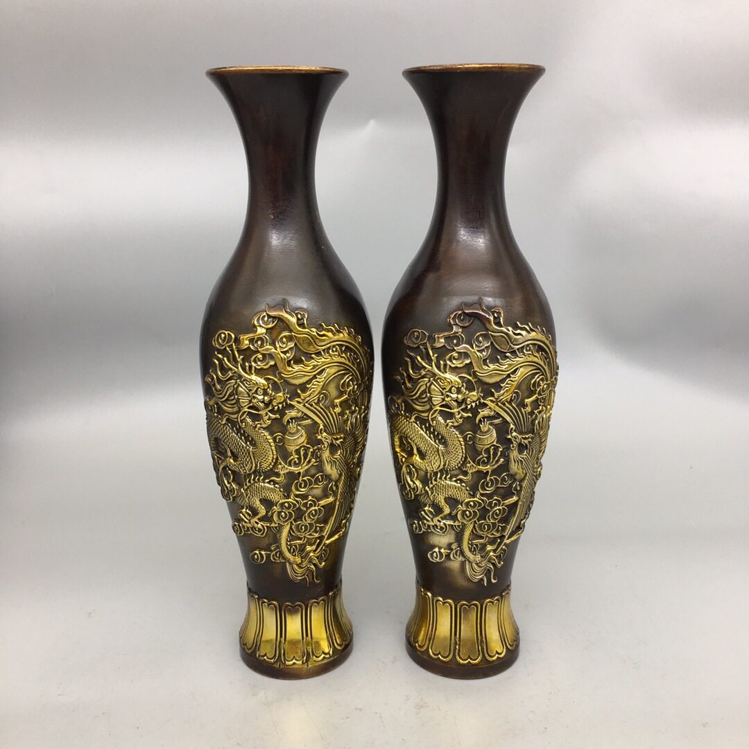 铜百福花瓶摆件一对仿古花瓶工艺品家居办公室客厅装饰摆设多款