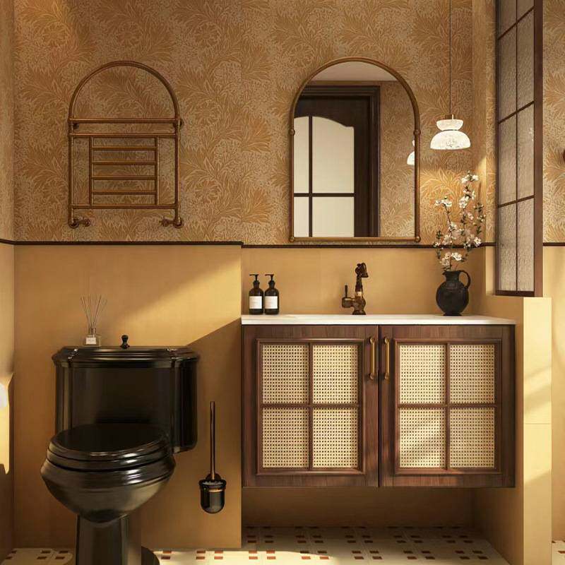 中古风实木烤漆藤编浴室柜组合胡桃色卫生间可丽耐一体洗漱台脸盆