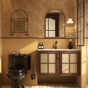 中古风实木烤漆藤编浴室柜组合胡桃色卫生间可丽耐一体洗漱台脸盆