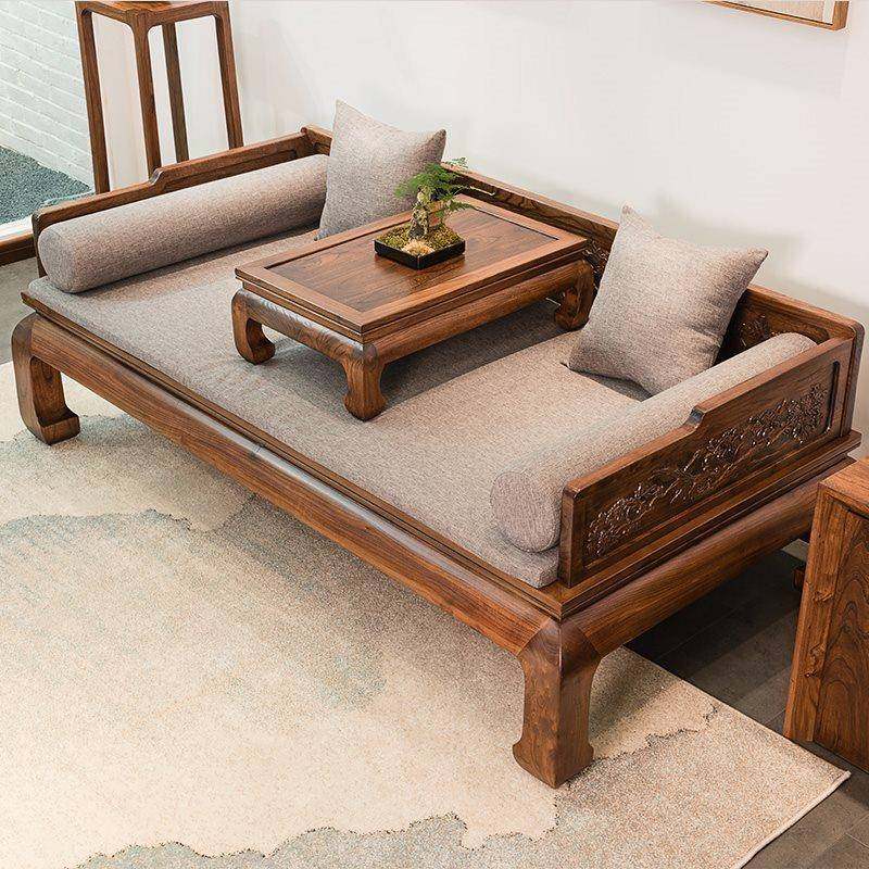 新中式实木罗用汉床三件两推拉罗汉榻LC103厅床榻榆木沙发简约套