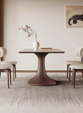 中古风实餐长方形现代简Y186约胡色全托桃底板哑光洞石岩木板餐桌