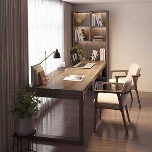 实木书桌带书架组合双人学习桌卧室办公电脑台式桌家用书柜一体桌