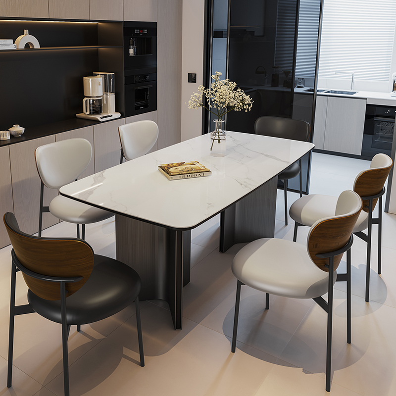 复古侘寂风简约现代长方形意式岩板餐桌椅小户型设计师家用