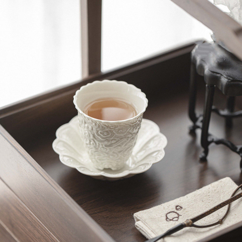 草木灰釉手工浮雕陶瓷主人杯功夫茶具家用复古茶杯品茗杯