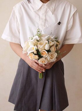手捧花韩式新娘香槟色玫瑰 婚礼婚庆领证拍照把束花 绢花伴娘拿花