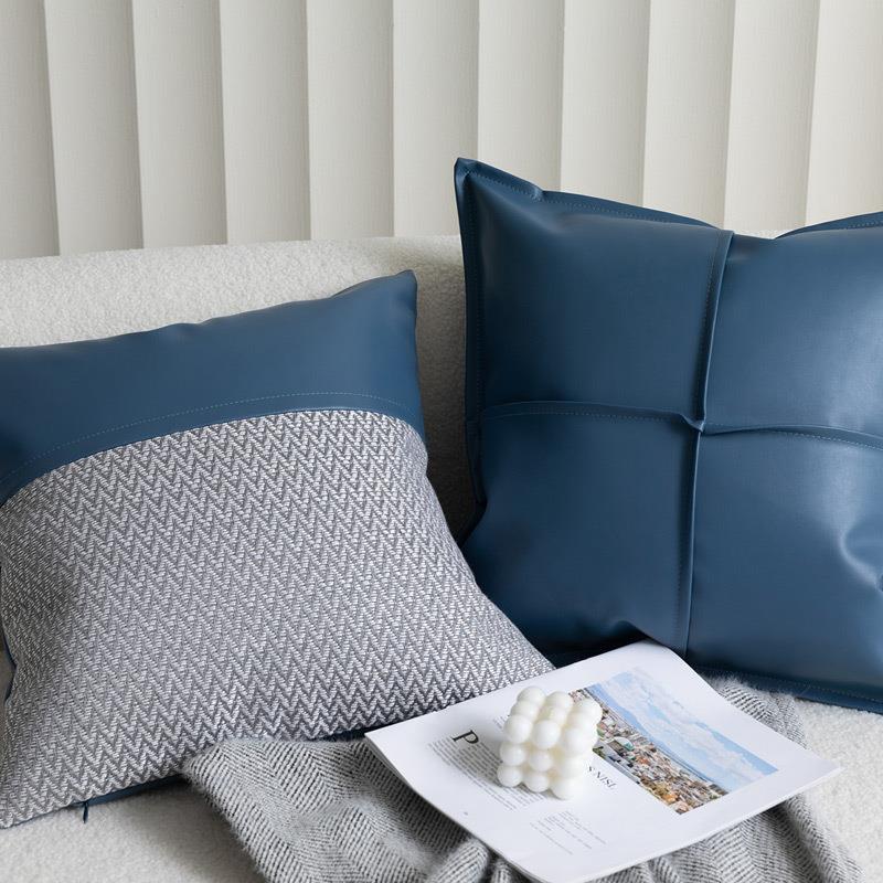 现代简约蓝色P腰U皮抱枕客厅沙发靠枕KHQ样板间装垫饰亮靠长方形