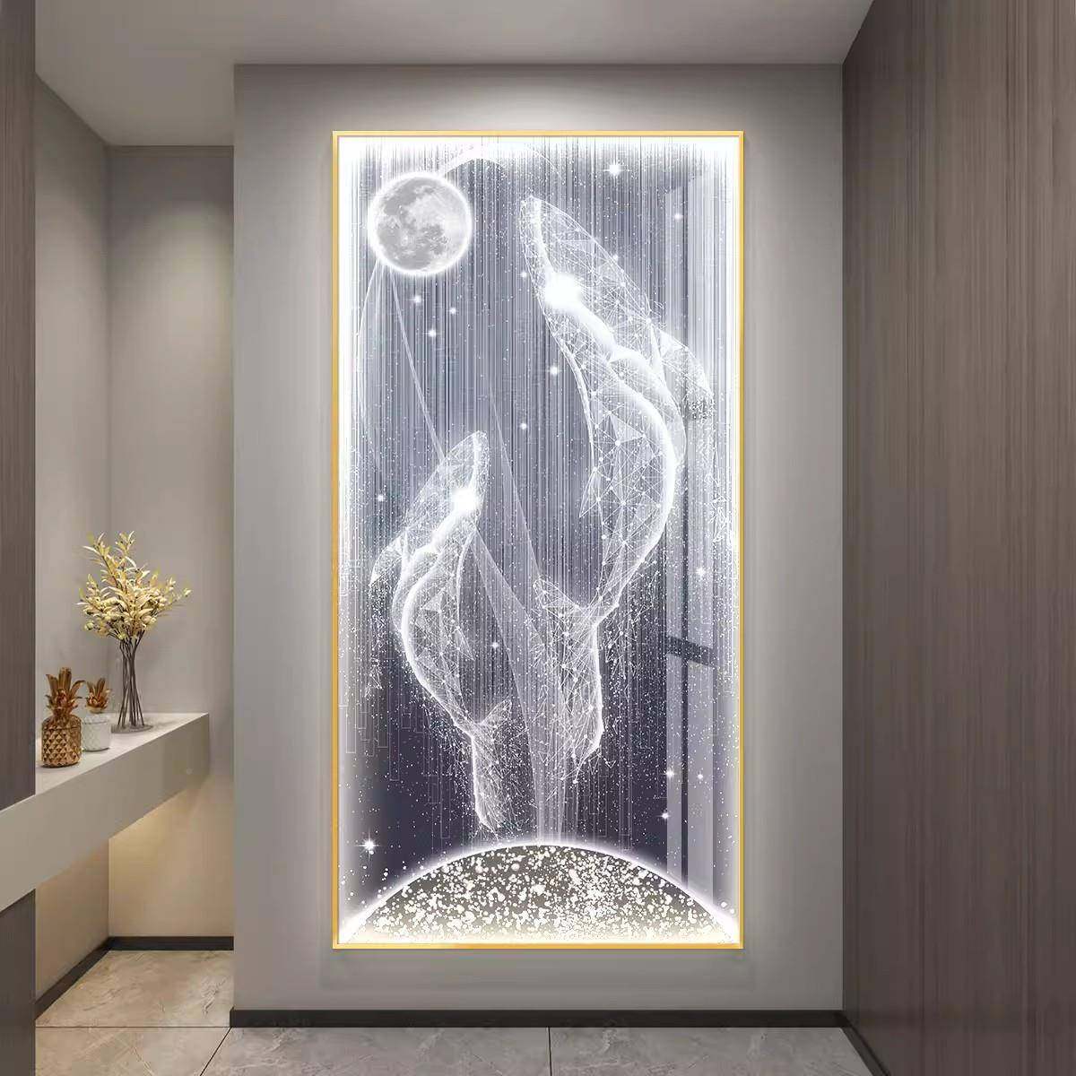 现代玄关鲸饰画鱼BLT-1370送福dle灯过道挂画装正对门竖版壁画