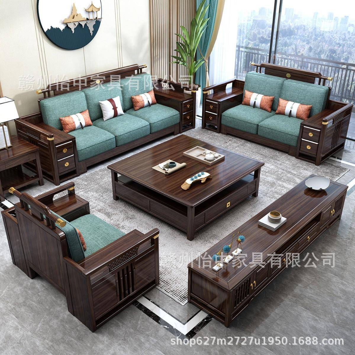 新中式乌金木沙发客家厅别墅大小户型储物妃转角实中国贵风全819#
