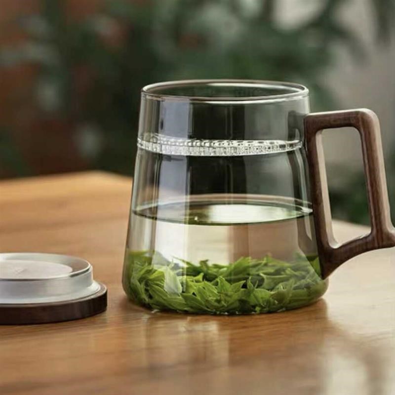 绿茶玻璃杯耐高温月牙过滤茶杯办公家用茶水分离泡茶杯木把喝水杯