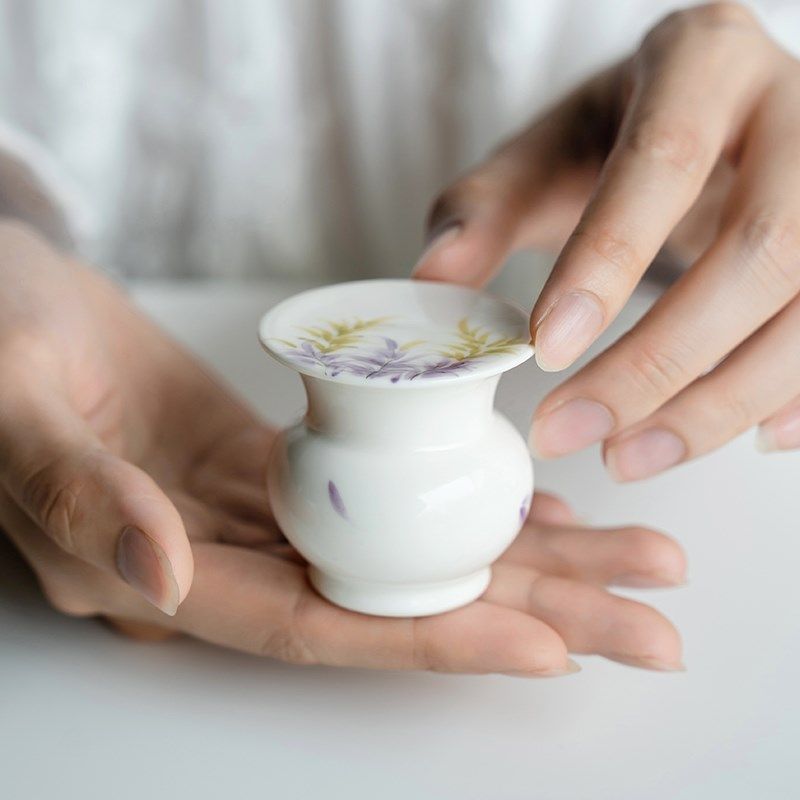 观策器隐纯手绘紫藤花家用陶瓷盖置紫砂壶盖托杯盖碗托茶具零配件