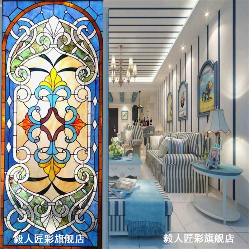 教堂艺术玻璃蒂凡尼屏风彩色镶嵌门窗玄关隔断吊背景墙复古精品