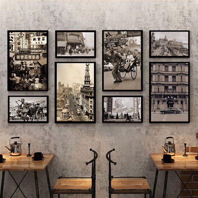 民国风装饰画怀旧复古海报老上海主题餐厅墙面壁画建筑老照片挂画