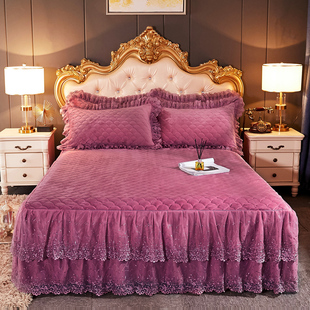 冬季 加厚水晶绒床裙法兰绒蕾丝床罩床单保暖珊瑚绒1.8m床套罩单件