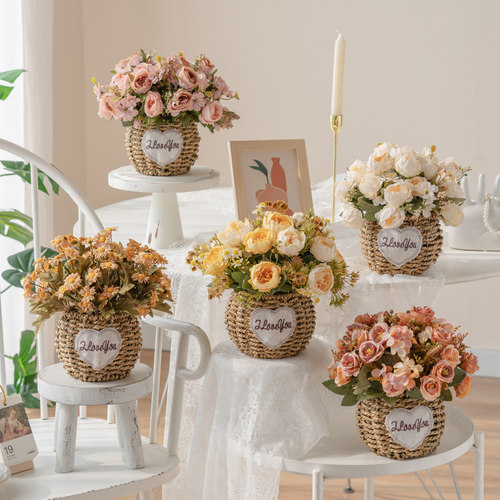 花篮客厅假花仿真花摆设餐桌花摆花插花绿植花艺摆件装饰花塑料花