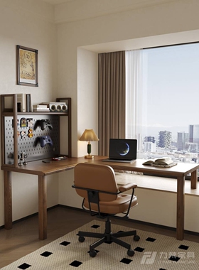 ?卧室实木转角书桌家用学生L型电脑桌书架一体靠墙拐角长条办公