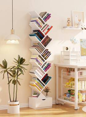 简易靠儿童厅小书落地置物架一体墙客实木书架柜不占地方空间OJI