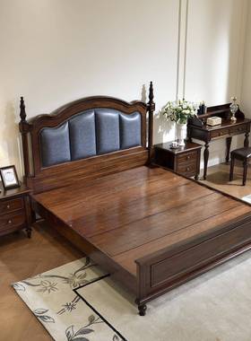 美式古实木床乡m村简1.KLSD-8138主卧大床家用卧室油蜡皮软包复约