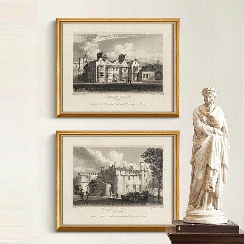 法式复古古装饰小众床中欧画式61建筑挂画头四联壁画美式玄关壁炉