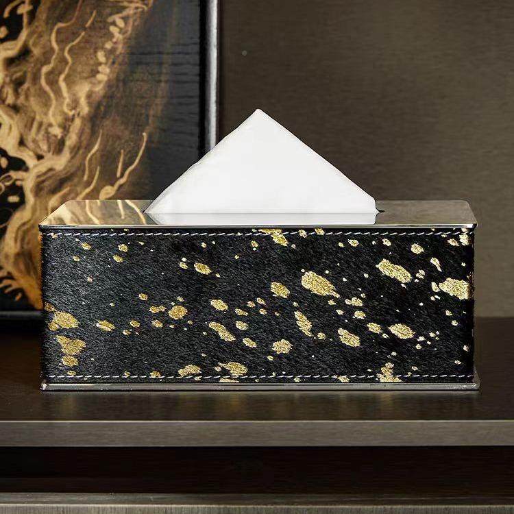 现代轻奢不钢毛皮革巾盒创意无品牌/样板纸锈间方抽纸盒马餐桌茶