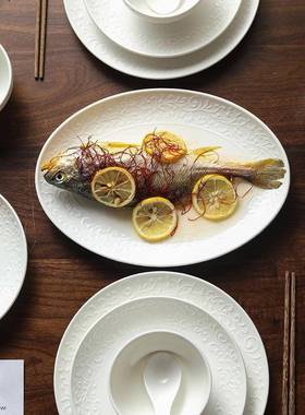 2025新款白色浮雕瓷陶餐具米简IRZ饭碗鱼盘汤碗家用碗约碟套装组