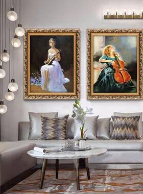 音乐美油画弹钢琴人物音教室琴房乐欧框式装饰画有画壁画竖款T441