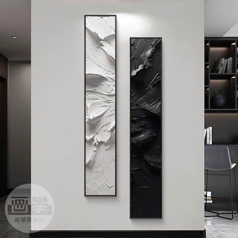 象黑白抽道肌间理装饰画挂画窄长条竖玄关走廊尽VBW头过楼梯墙面